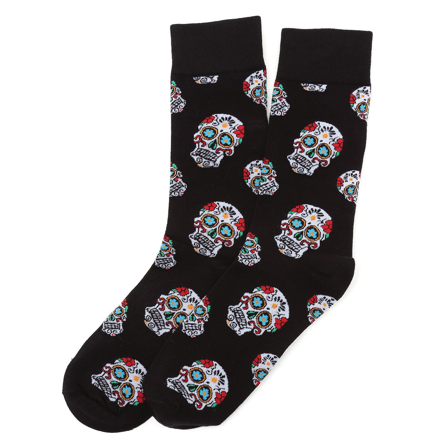 Sugar Skull Pattern Crew Socks in Black with Colorful Detail - Image 2