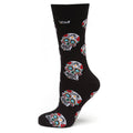 Black crew socks featuring a repeated white, red, and blue sugar skull pattern.