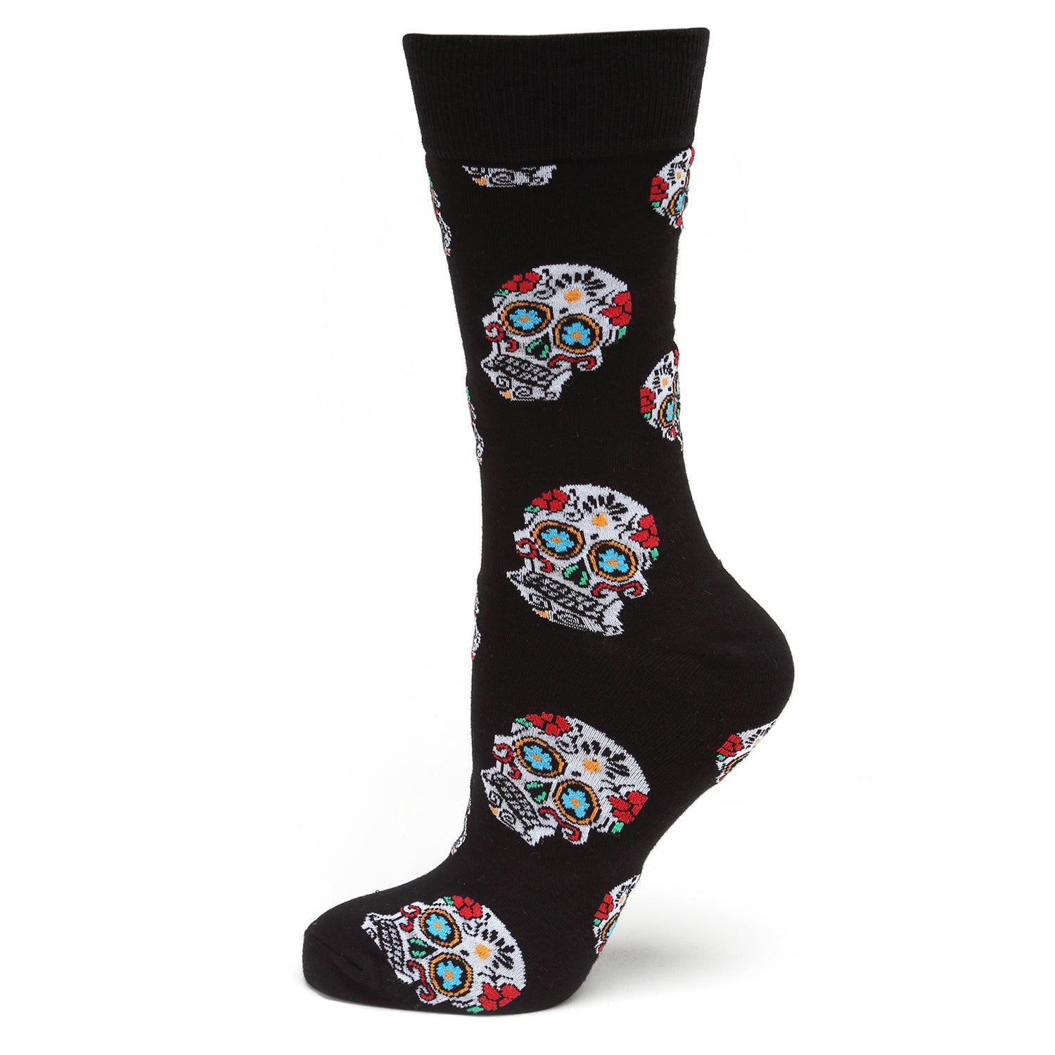 Black crew socks featuring a repeated white, red, and blue sugar skull pattern.