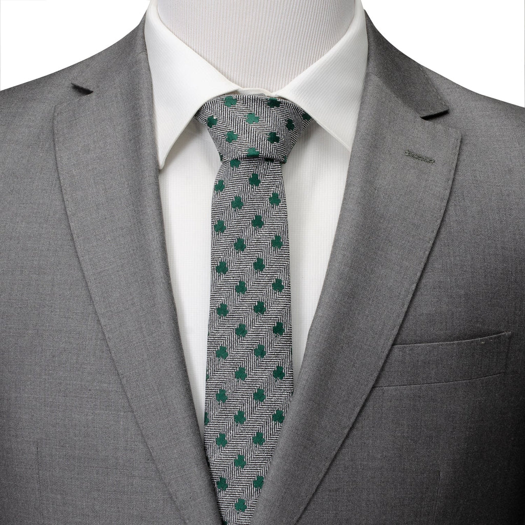 Grey Herringbone Men's Tie with Green Shamrock Print - Image 2