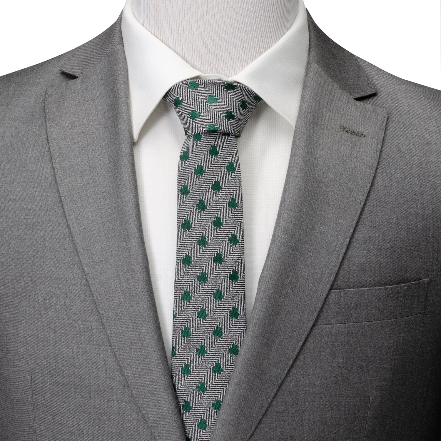 Grey Herringbone Men's Tie with Green Shamrock Print - Image 2