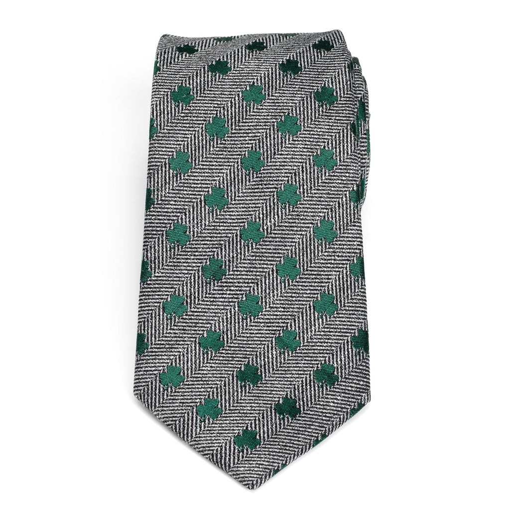 Grey Herringbone Men's Tie with Green Shamrock Print - Image 3