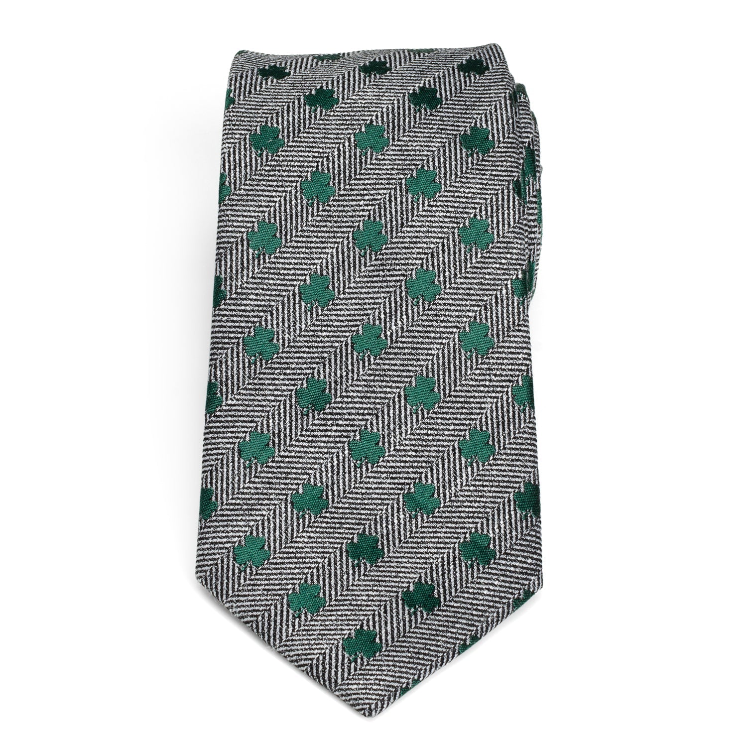 Grey Herringbone Men's Tie with Green Shamrock Print - Image 3