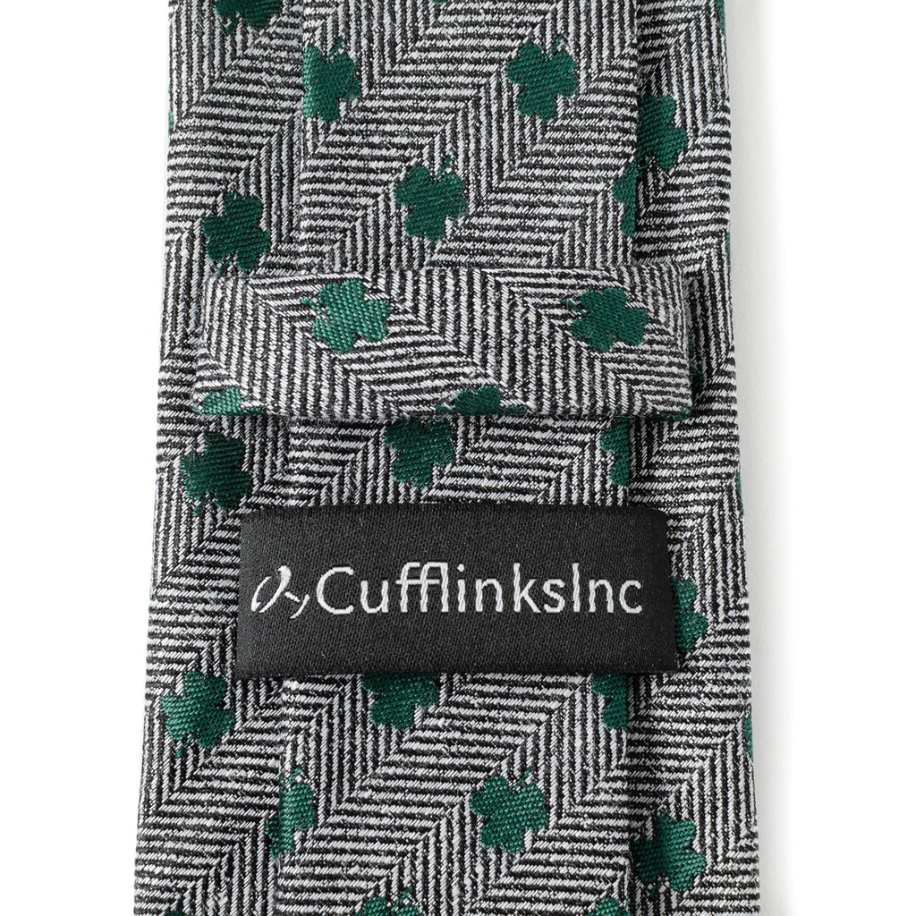 Grey Herringbone Men's Tie with Green Shamrock Print - Image 4