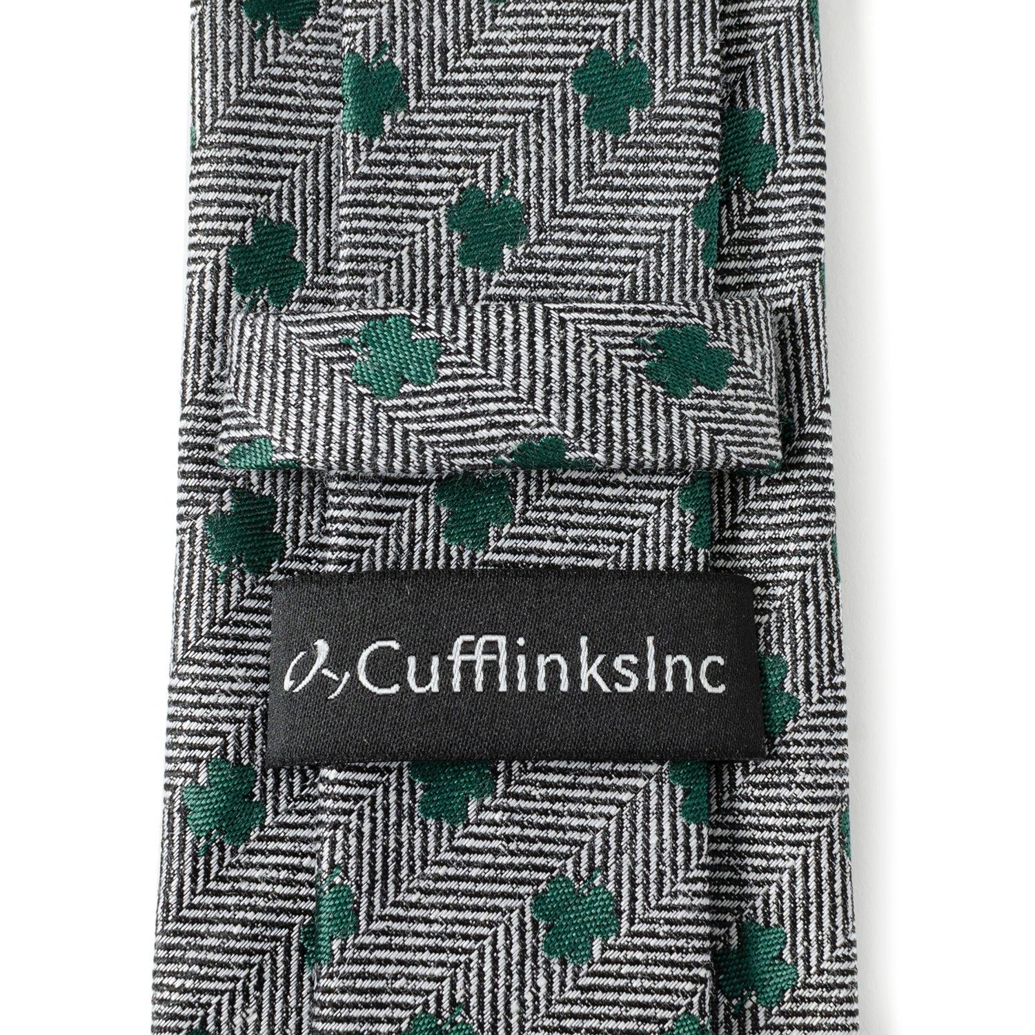 Grey Herringbone Men's Tie with Green Shamrock Print - Image 4