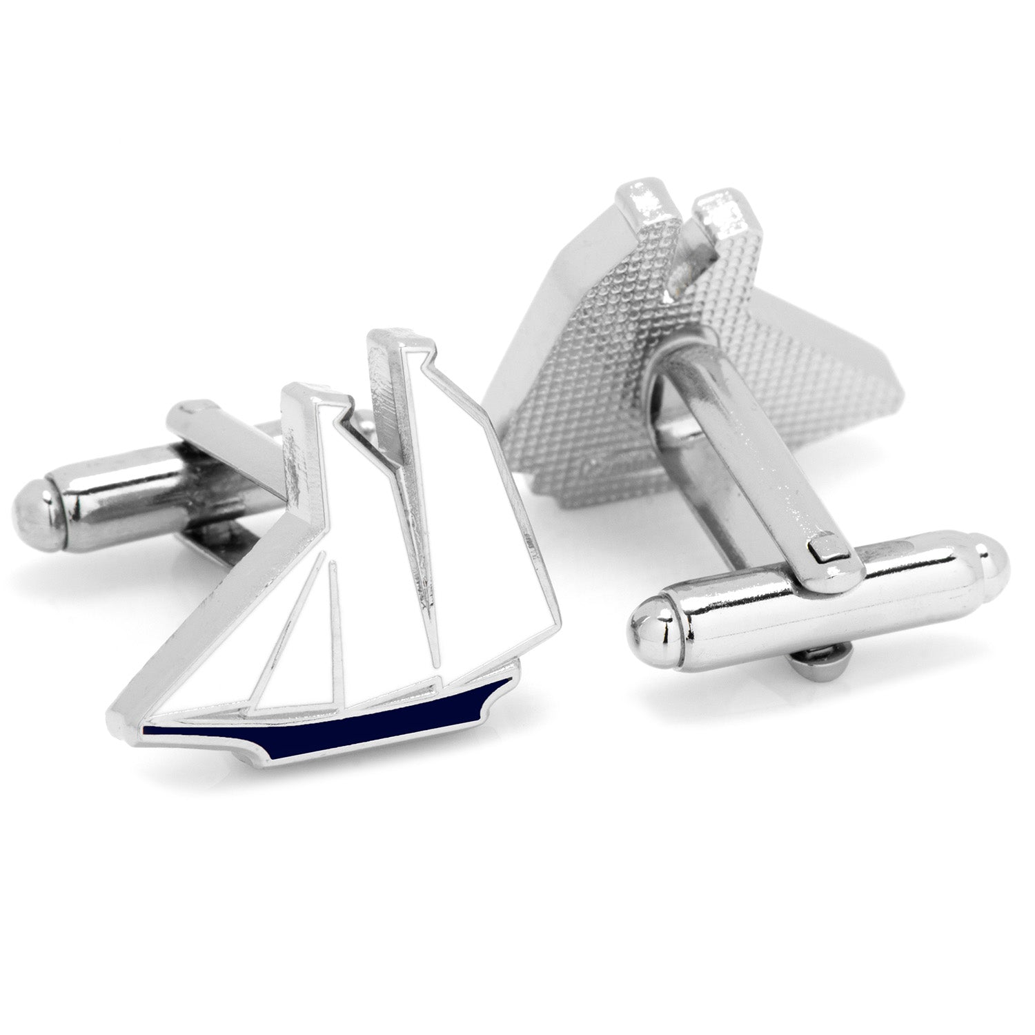 Blue and White Sailboat Cufflinks Silver Tone Novelty Design - Image 2