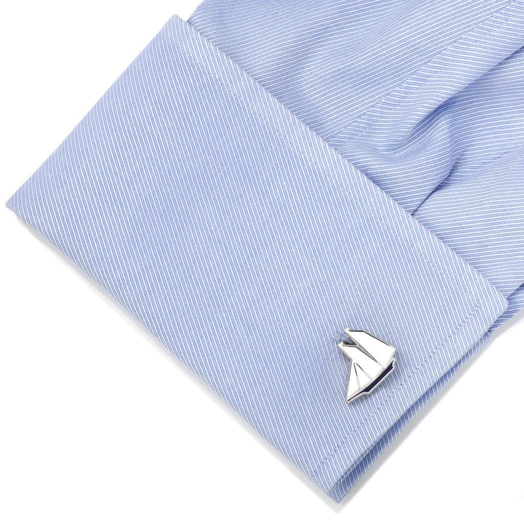 Blue and White Sailboat Cufflinks Silver Tone Novelty Design - Image 3