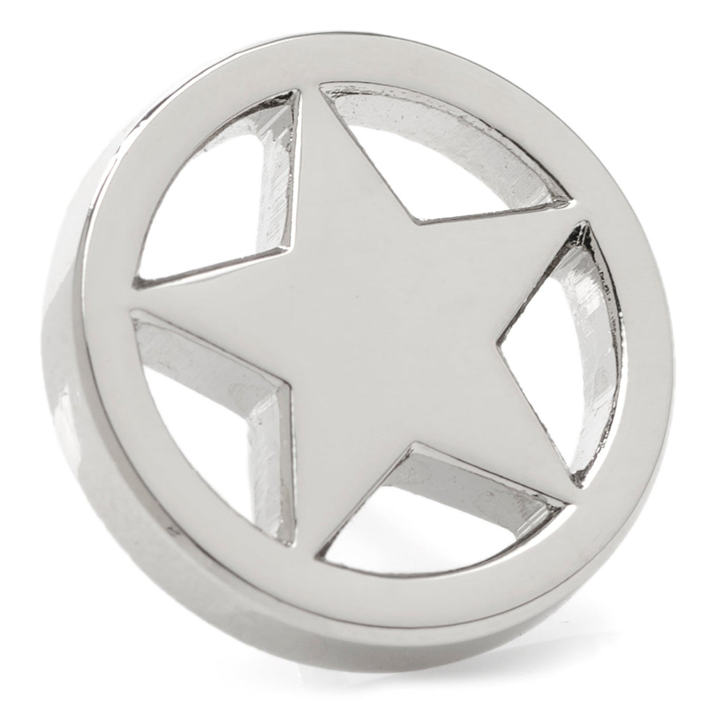 Silver Lone Star lapel pin on a grey suit jacket lapel