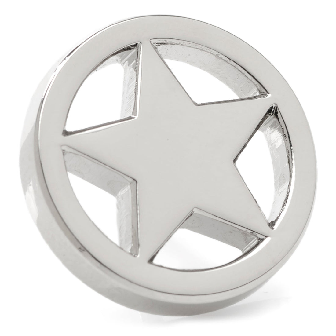 Silver Lone Star lapel pin on a grey suit jacket lapel