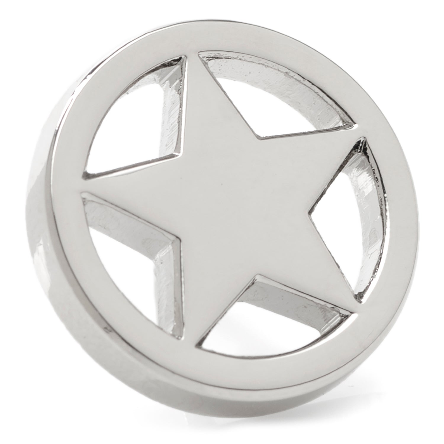 Silver Lone Star lapel pin on a grey suit jacket lapel
