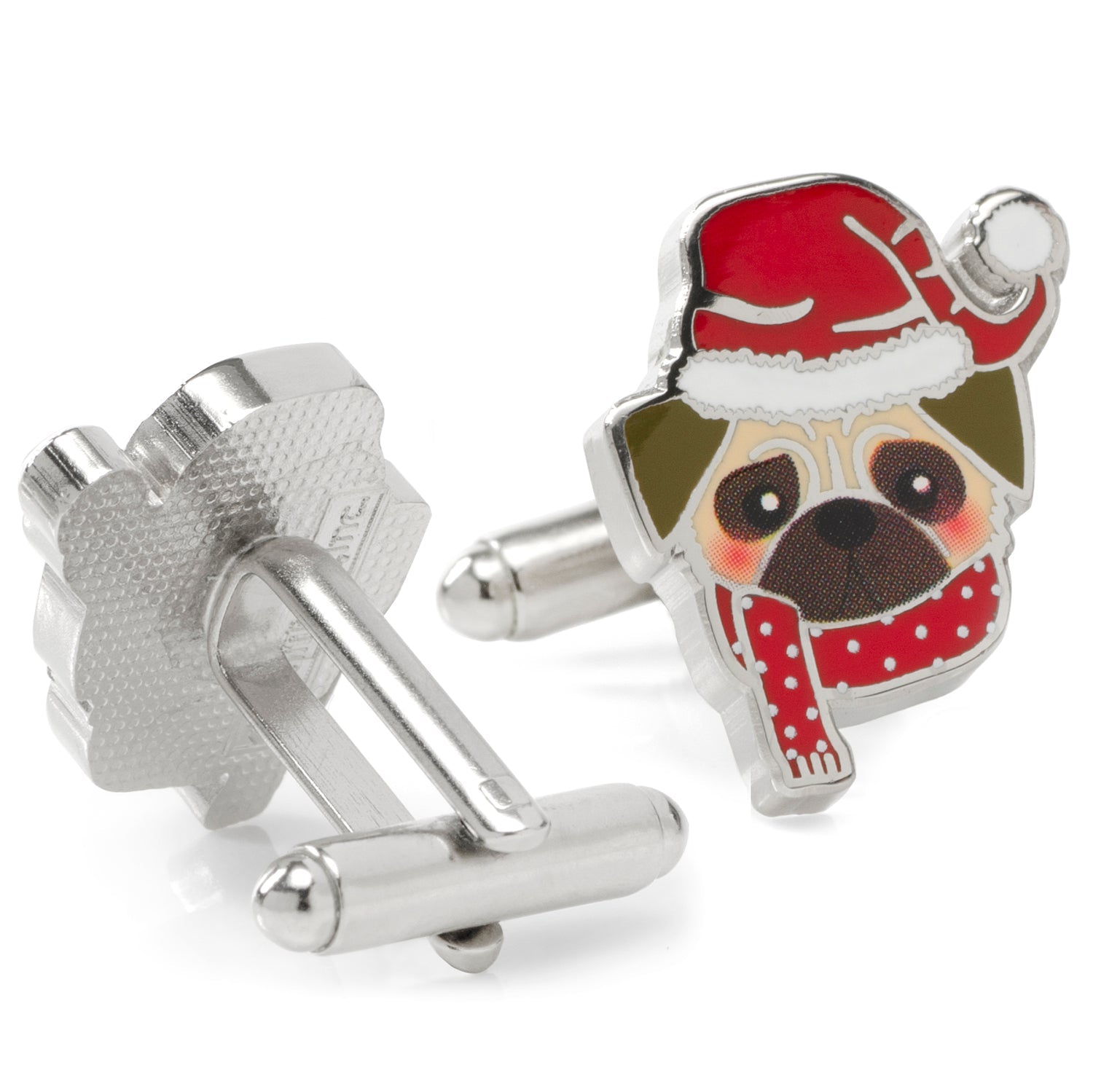 Santa Pug Holiday Cufflinks in Red and Silver Plated Metal - Image 2