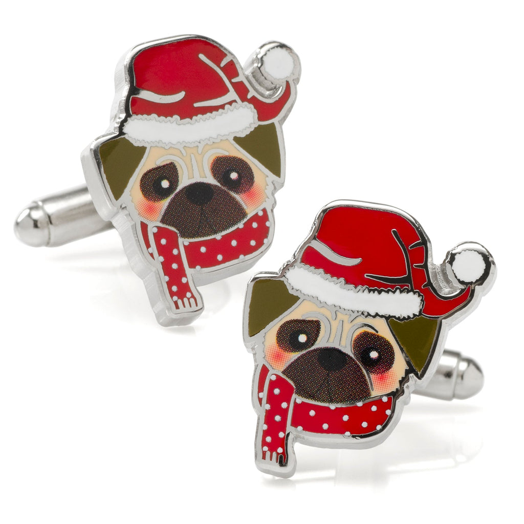 A pair of silver-plated Santa Pug cufflinks featuring a pug wearing a Santa hat and a red dotted scarf with bullet back closures.