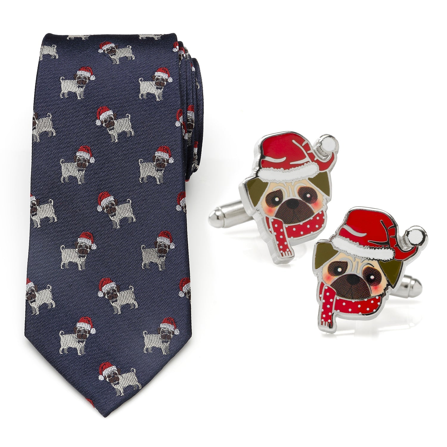 A navy blue silk necktie with a Santa Pug pattern shown next to matching Santa Pug enamel cufflinks, presented in a black gift box.