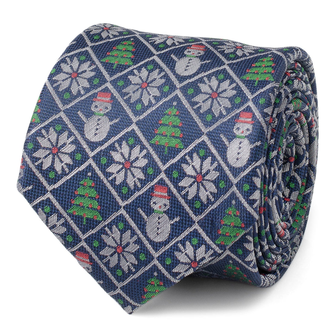 Close up of a blue silk men's necktie with a diamond pattern of snowmen, snowflakes, and christmas trees.