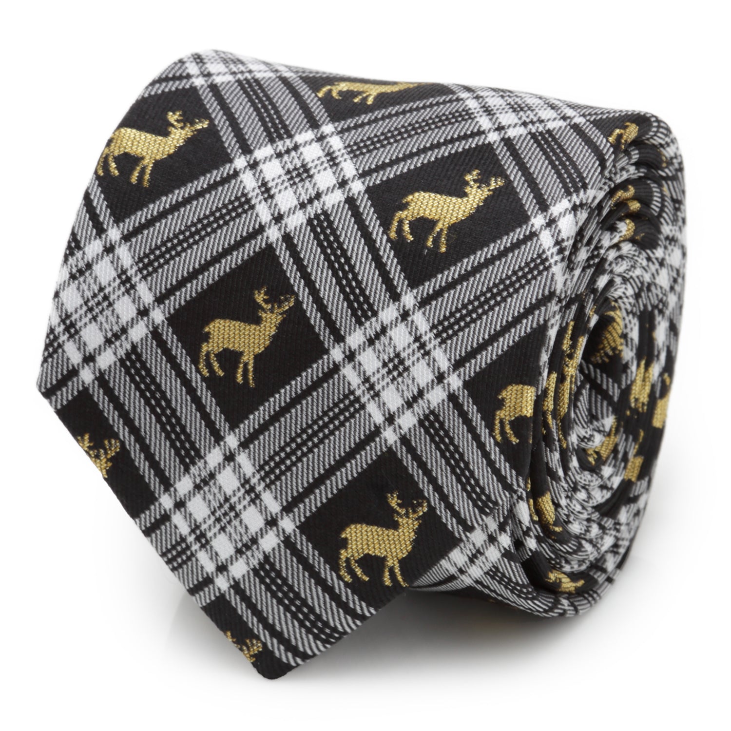 A close up view of a black and white plaid necktie with gold stag patterns, shown in a roll and on a mannequin.