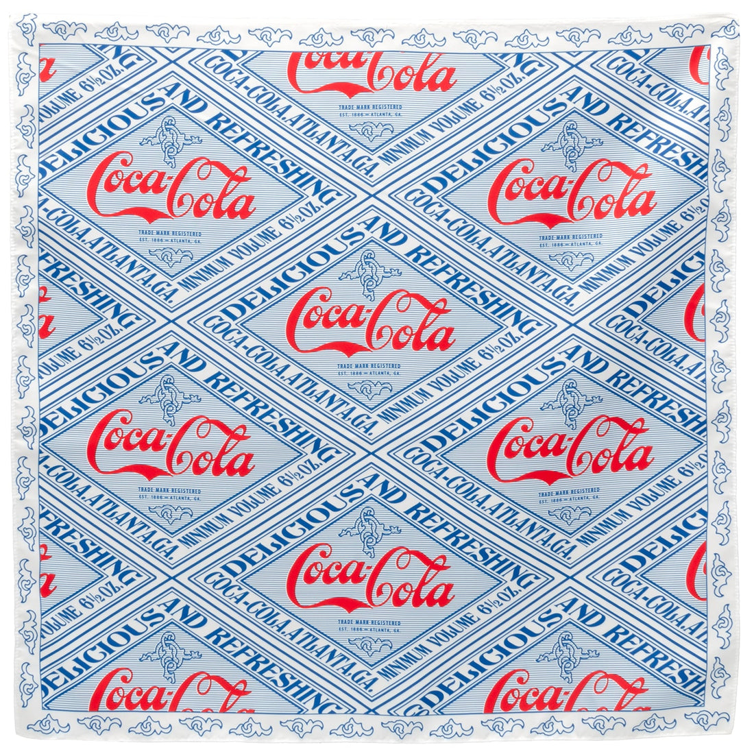 A square satin scarf with a repeating red and blue Coca-Cola logo print on a light background.