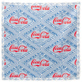 A square satin scarf with a repeating red and blue Coca-Cola logo print on a light background.
