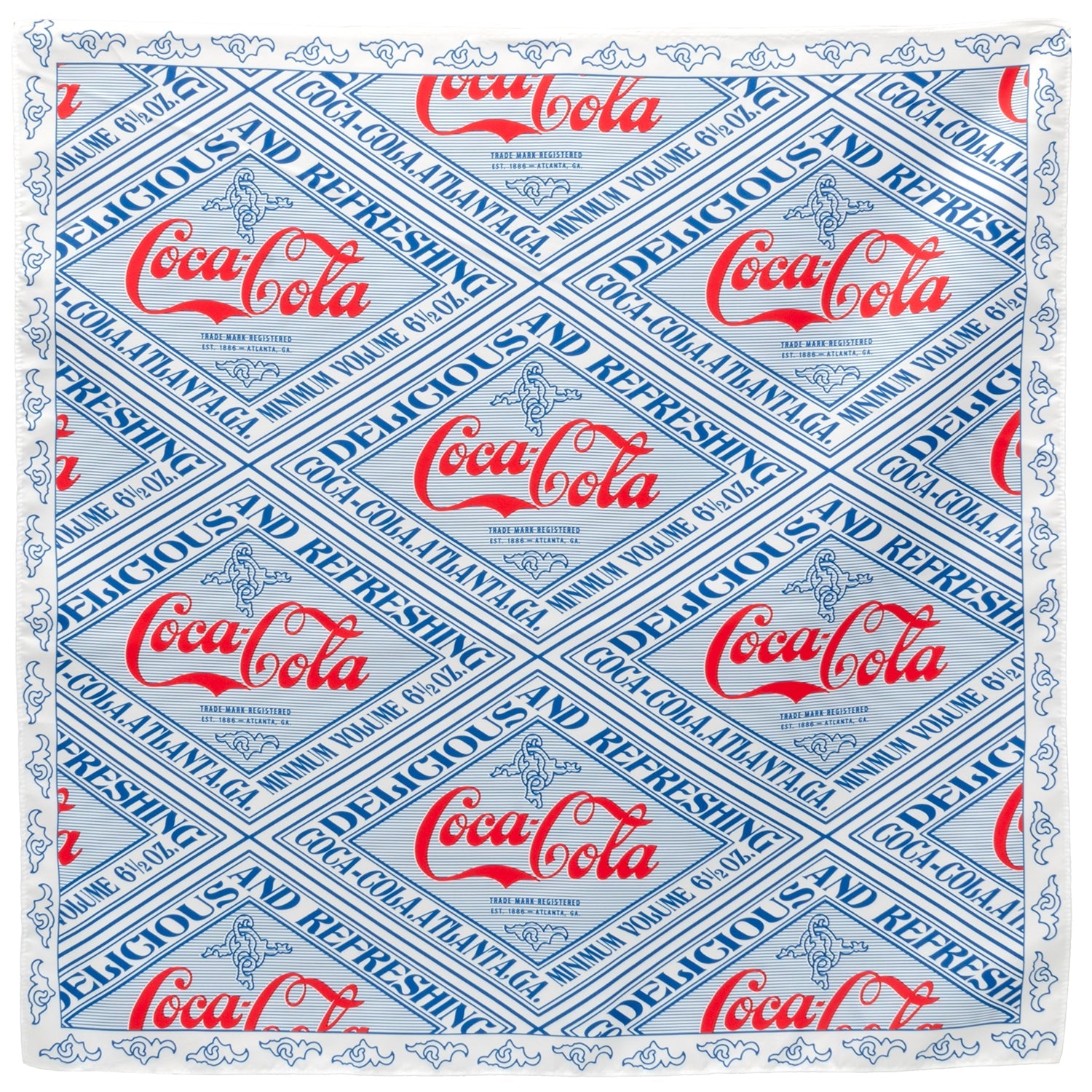 A square satin scarf with a repeating red and blue Coca-Cola logo print on a light background.