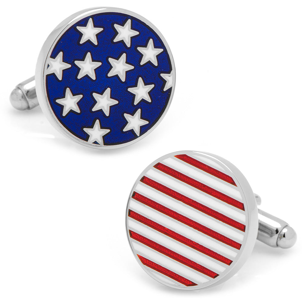 Round silver-tone cufflinks featuring a patriotic American flag pattern with one showing stars and one showing stripes.