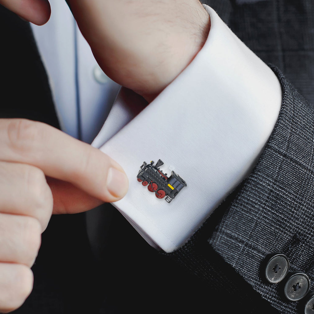 3D Steam Engine Train Cufflinks in Black and Red - Image 2