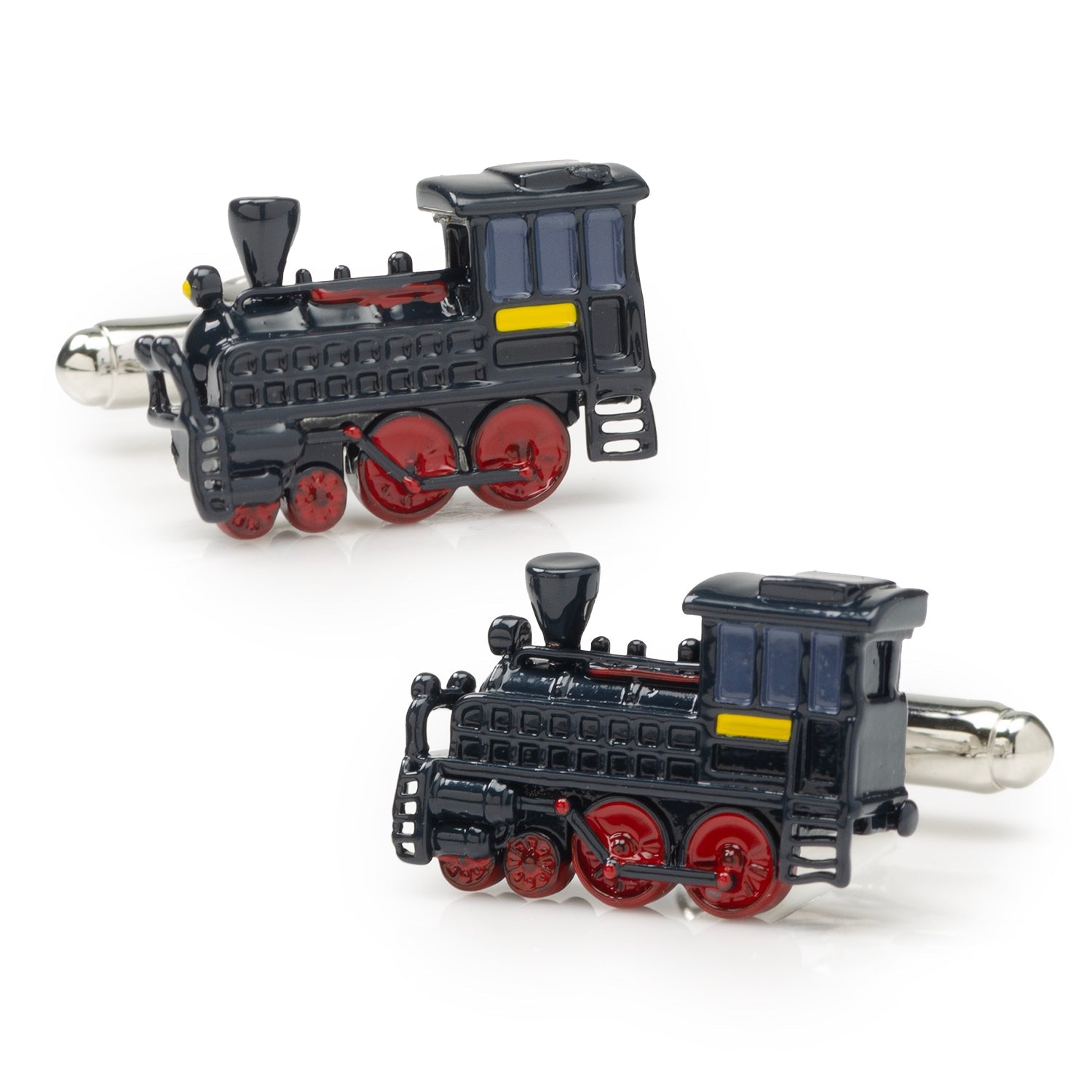 3D steam engine train cufflinks in black and red metal worn on a white dress shirt sleeve