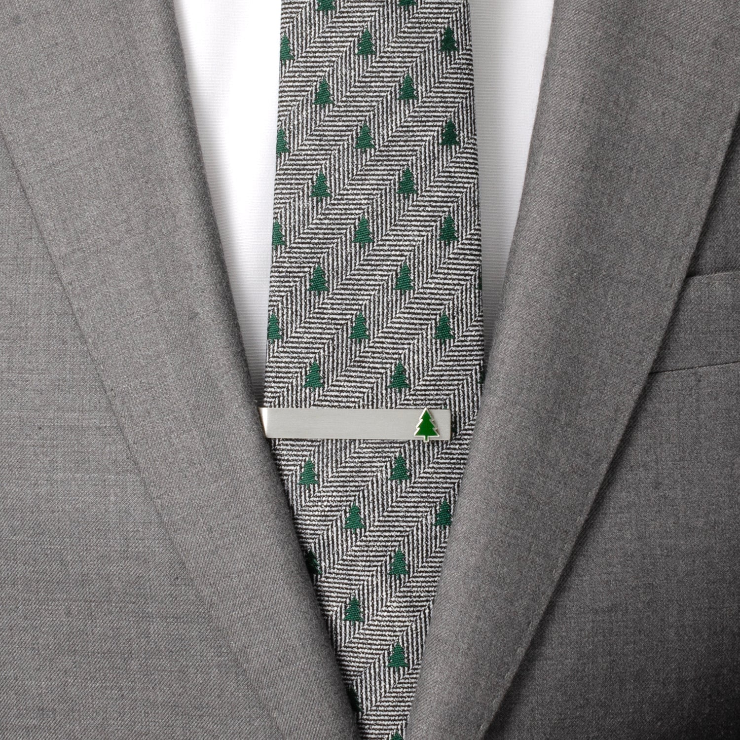 Silver Holiday Tree Tie Bar with Green Enamel Accent - Image 2