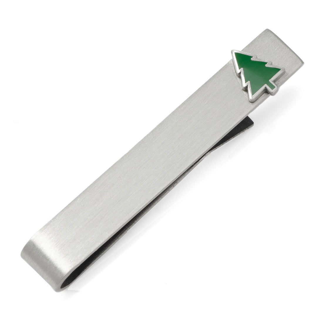 Silver tie bar with small green enamel Christmas tree design on a grey herringbone tie.