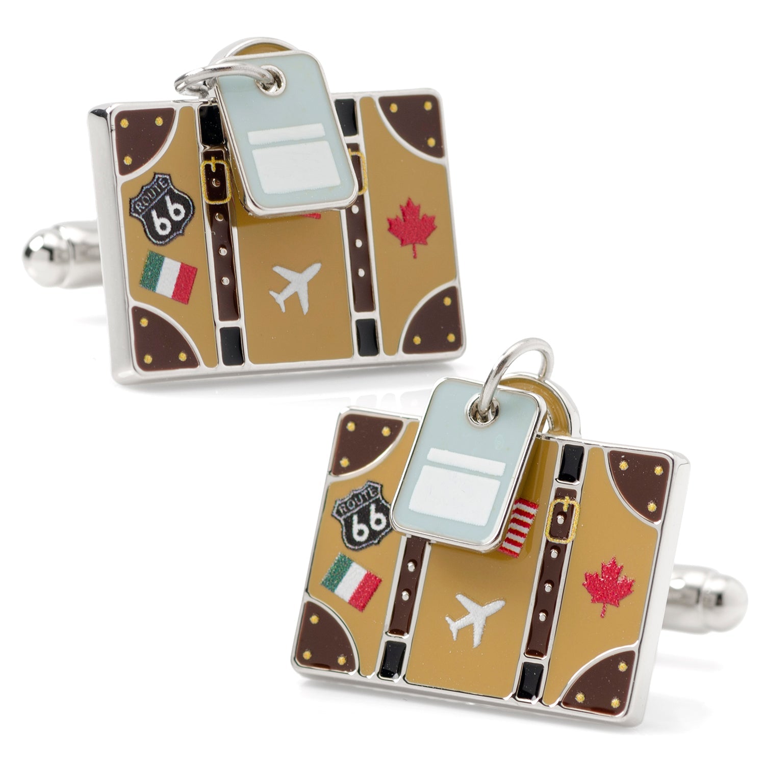 Traveler suitcase themed cufflinks featuring a luggage tag and travel stickers, front and back view.
