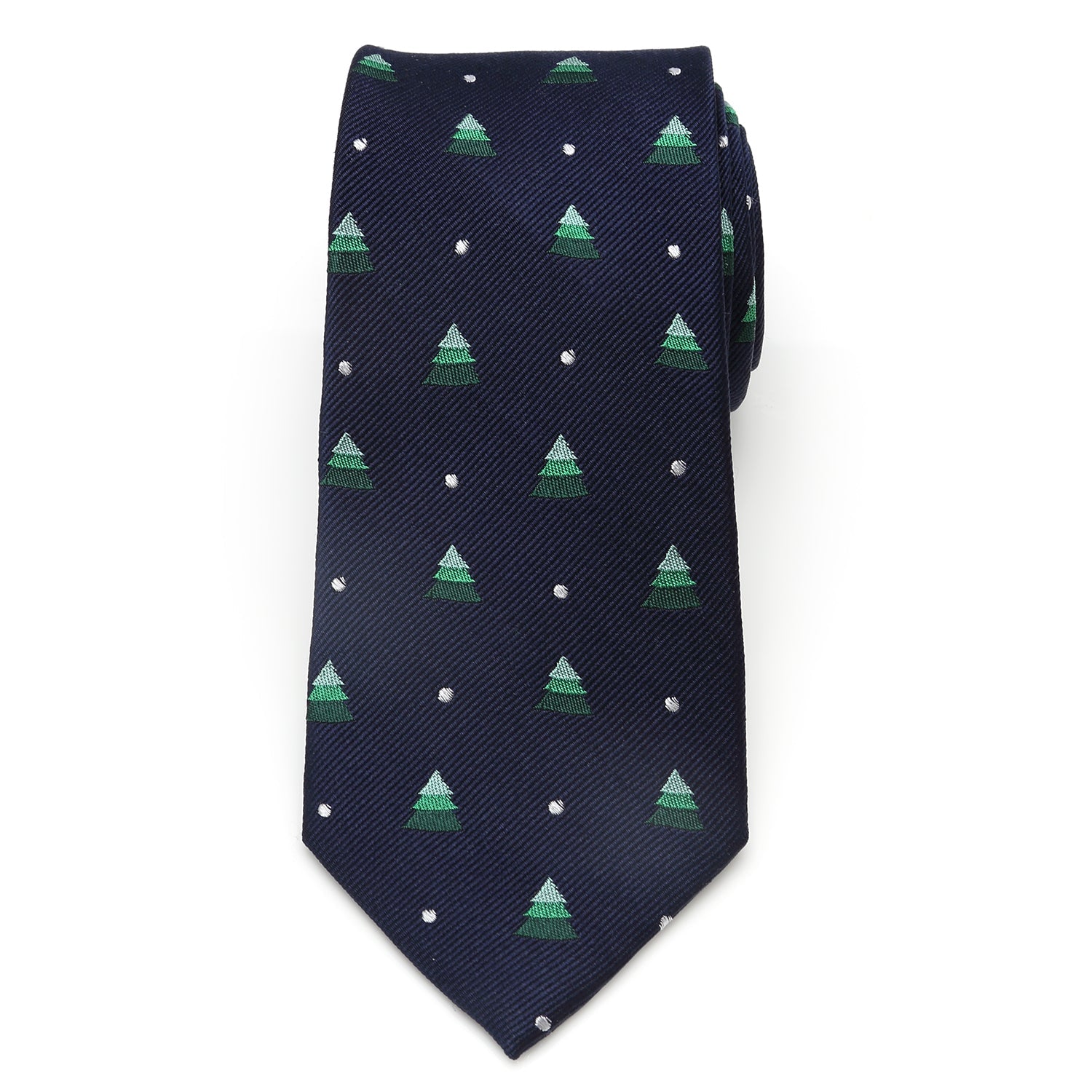 Midnight Blue Holiday Tree Print Silk Men's Necktie - Image 3