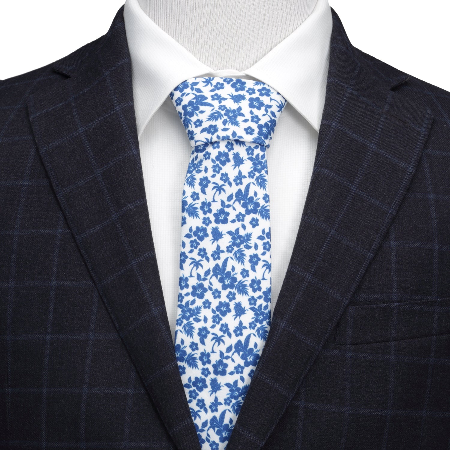 Tropical Blue and White Cotton Floral Slim Necktie - Image 2