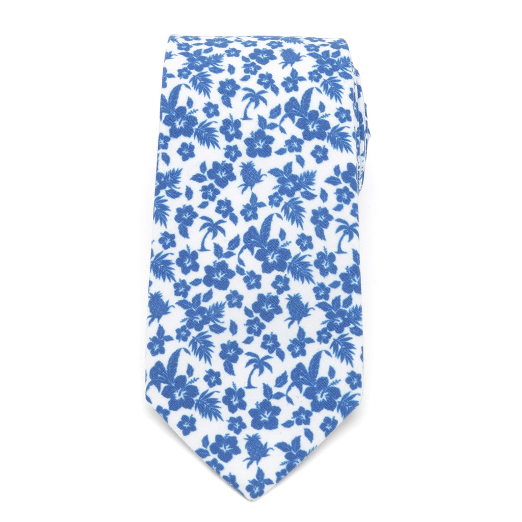 Tropical Blue and White Cotton Floral Slim Necktie - Image 3