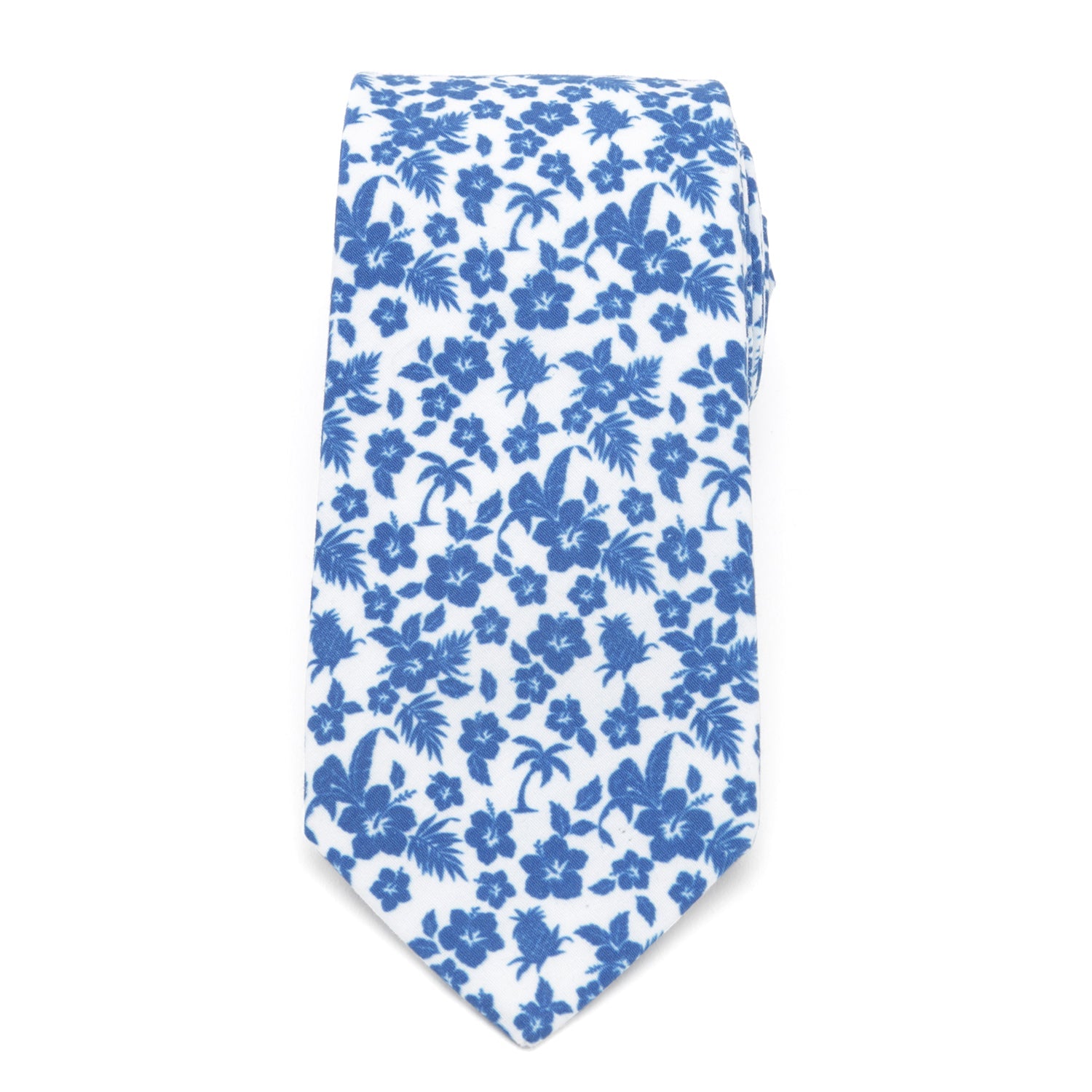 Tropical Blue and White Cotton Floral Slim Necktie - Image 3