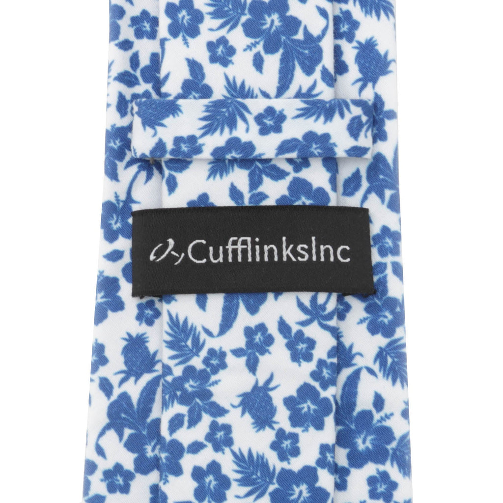 Tropical Blue and White Cotton Floral Slim Necktie - Image 4