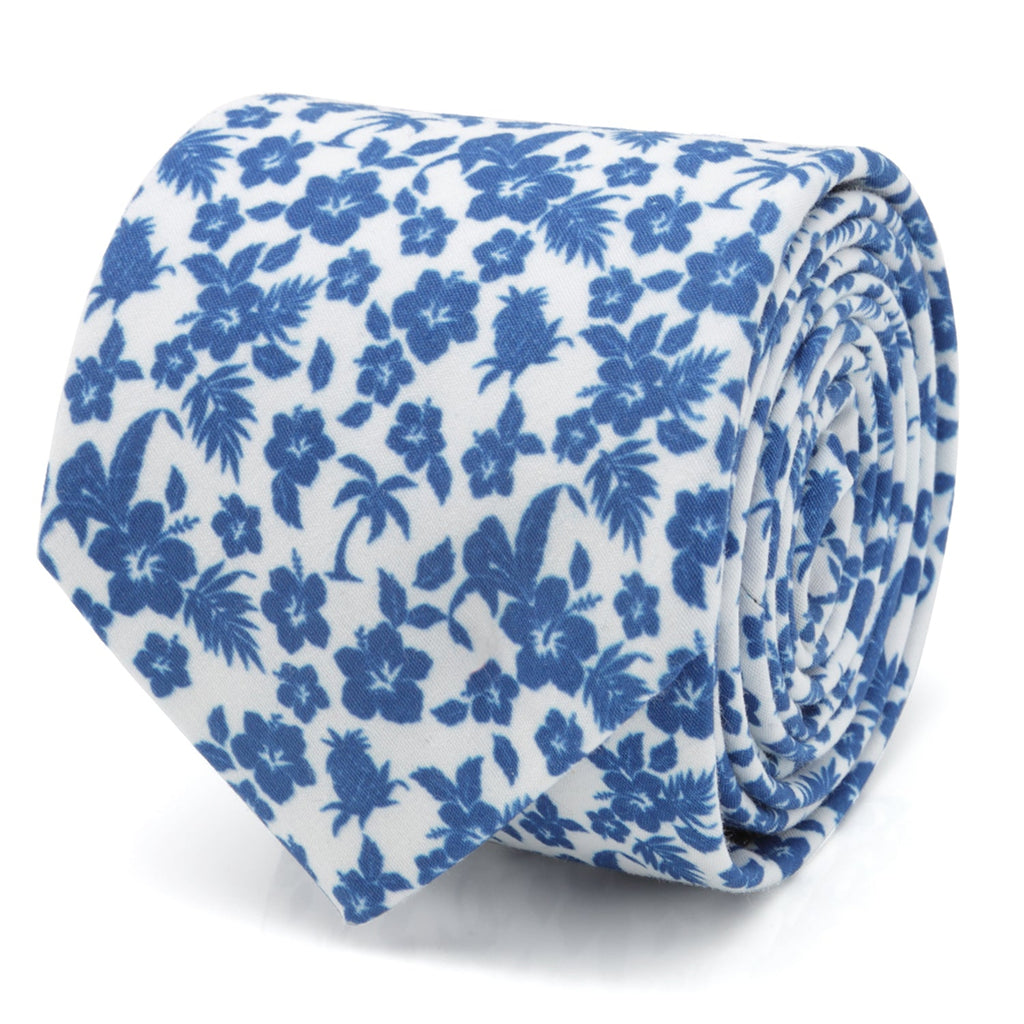 Slim men's necktie with blue tropical floral print on a white background