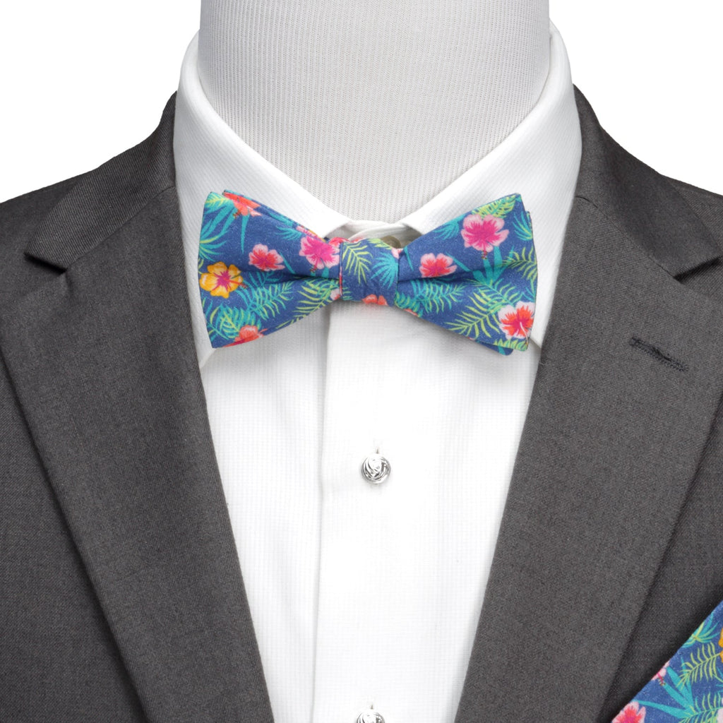 Tropical Hibiscus Print Pre-Tied Cotton Bow Tie in Blue - Image 2
