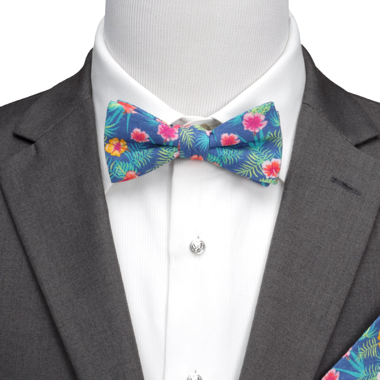 Tropical Hibiscus Print Pre-Tied Cotton Bow Tie in Blue - Image 2