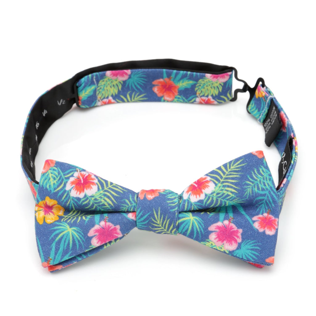 Tropical Hibiscus Print Pre-Tied Cotton Bow Tie in Blue - Image 4