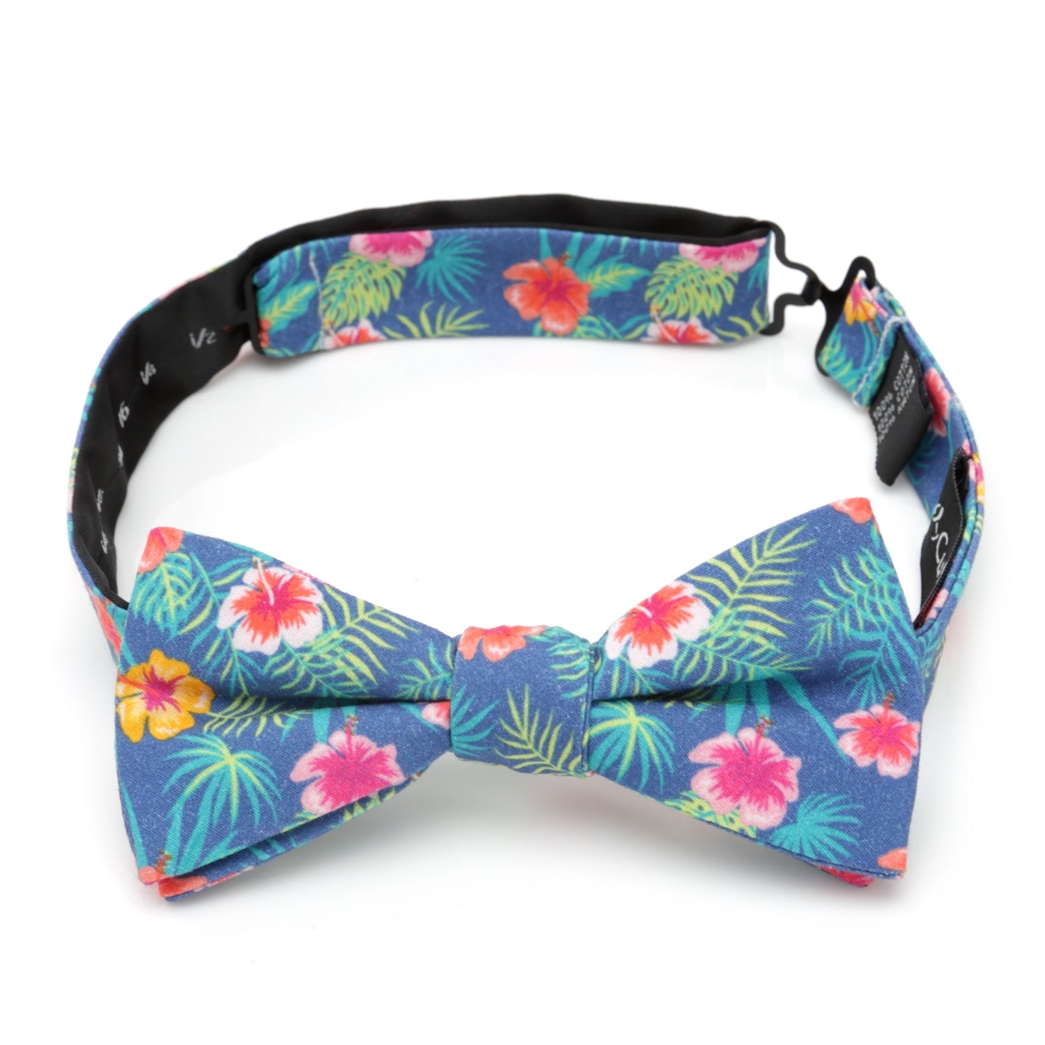 Tropical Hibiscus Print Pre-Tied Cotton Bow Tie in Blue - Image 4