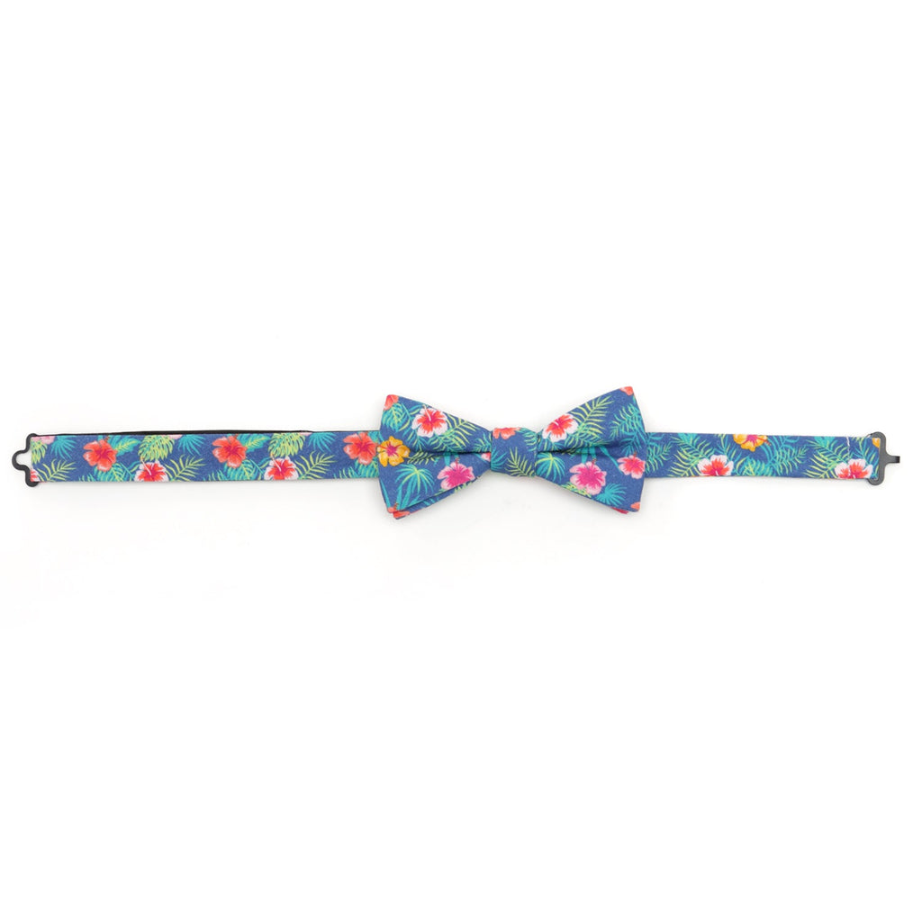 Tropical Hibiscus Print Pre-Tied Cotton Bow Tie in Blue - Image 5