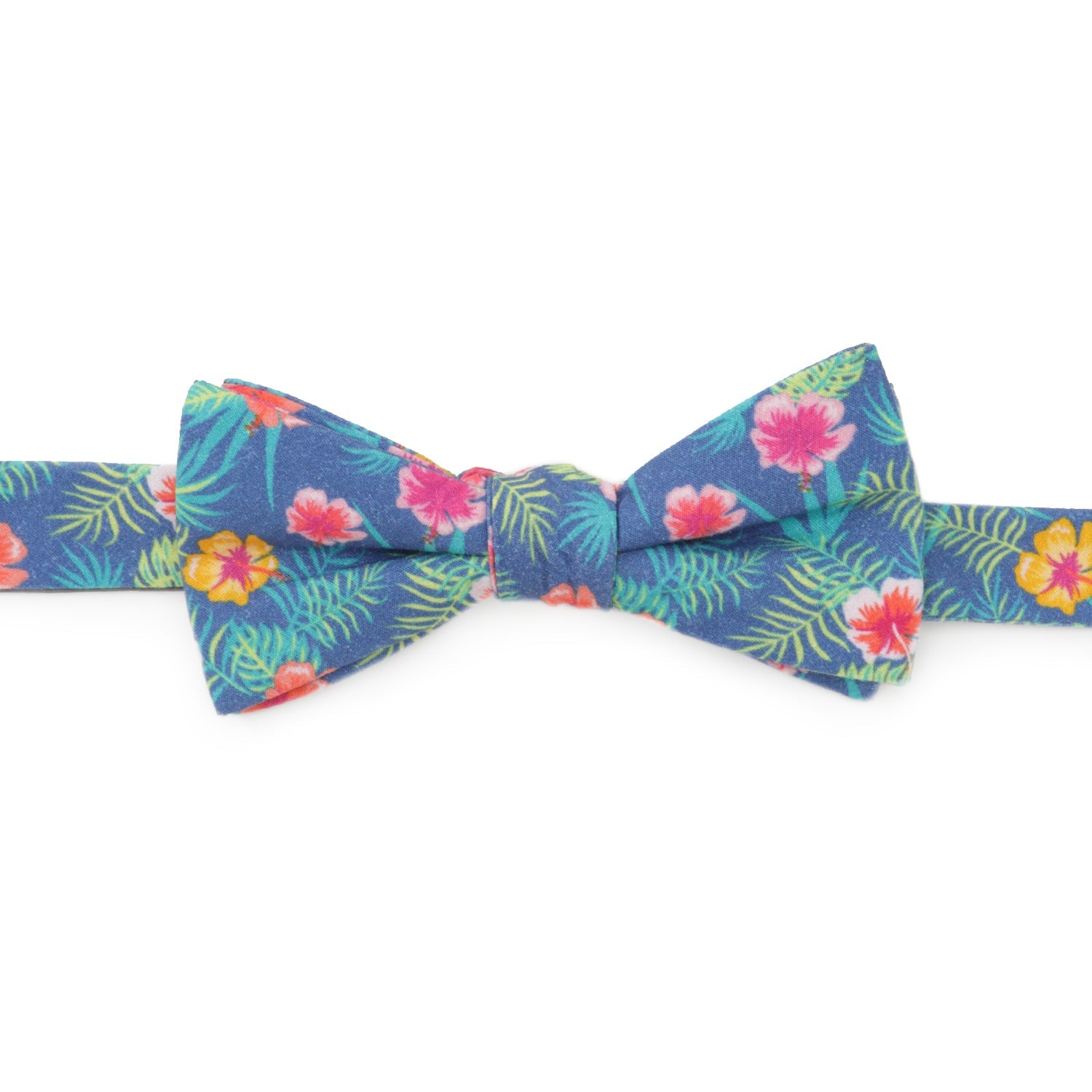 Men's blue cotton pre-tied bow tie with a tropical pattern of pink, orange, and yellow hibiscus flowers and green palm leaves