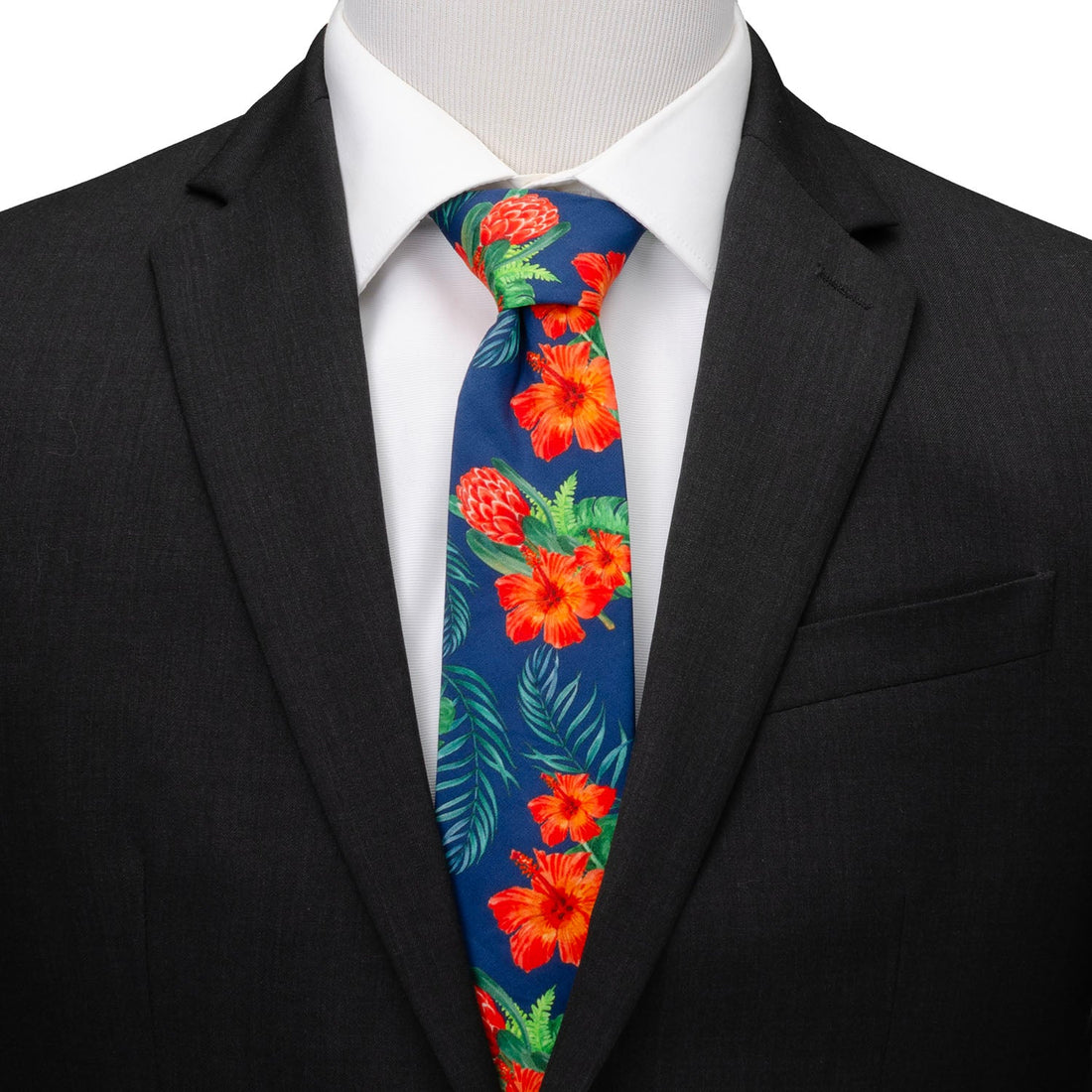 Tropical Hibiscus Navy Blue Floral Print Men's Necktie - Image 2