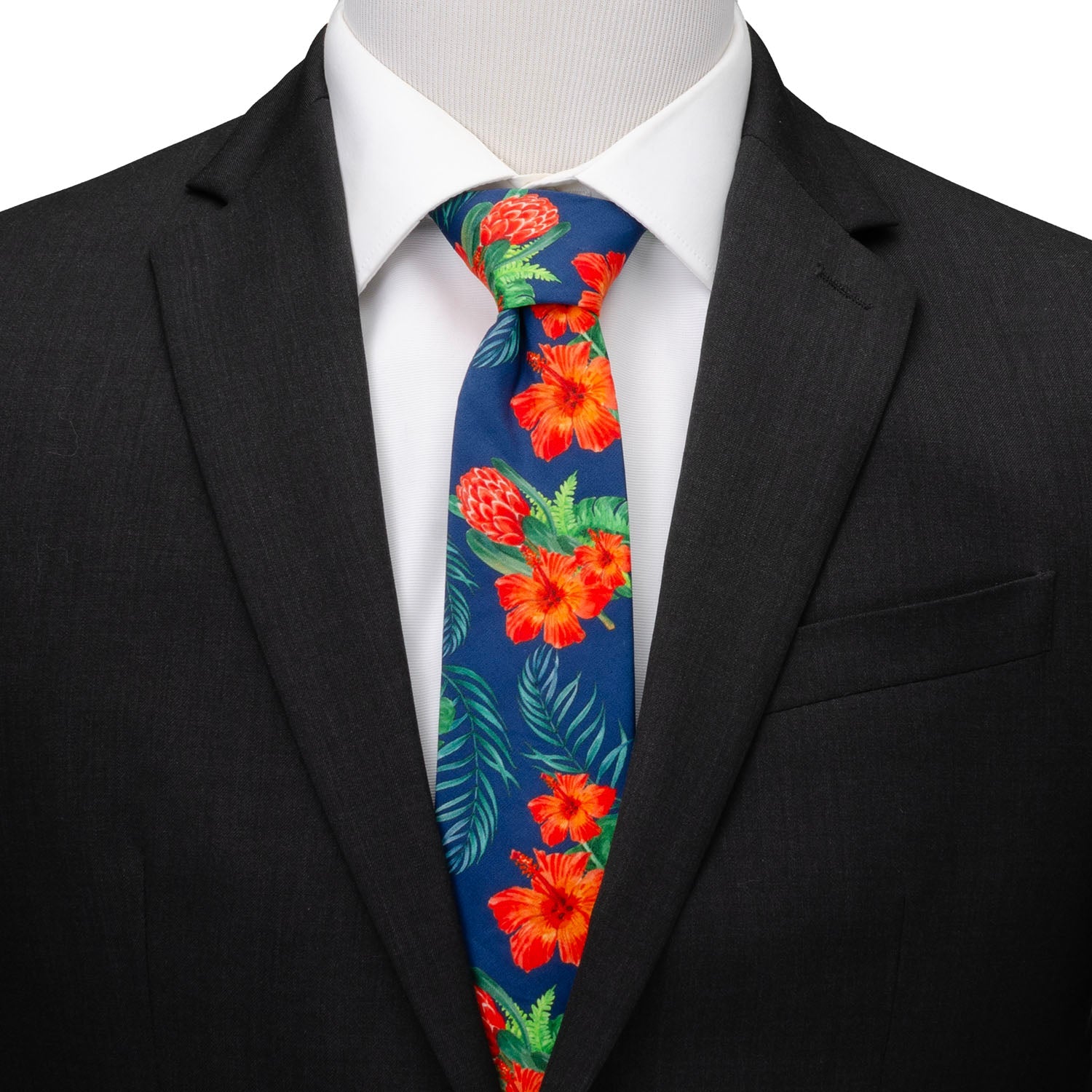 Tropical Hibiscus Navy Blue Floral Print Men's Necktie - Image 2