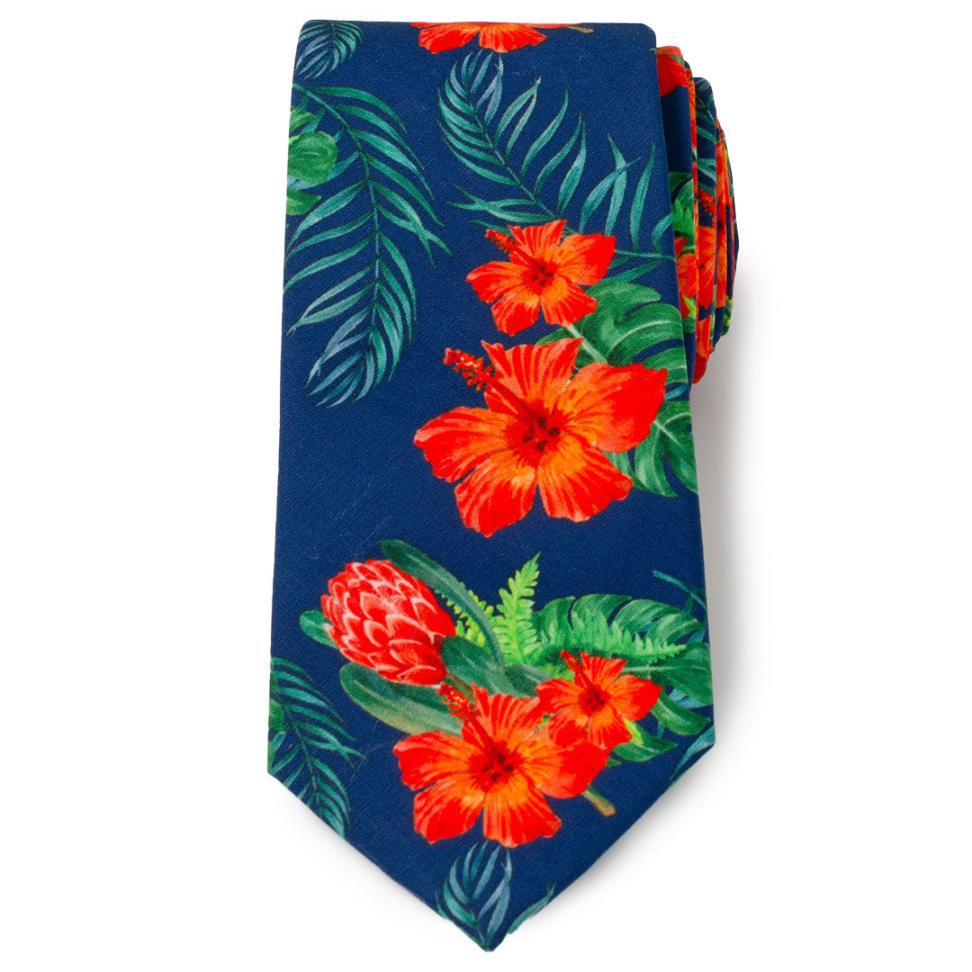 Tropical Hibiscus Navy Blue Floral Print Men's Necktie - Image 3