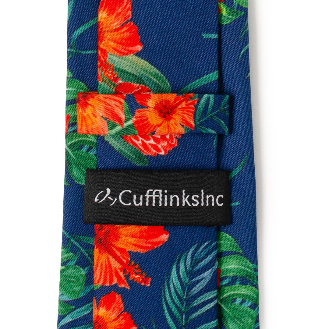 Tropical Hibiscus Navy Blue Floral Print Men's Necktie - Image 5