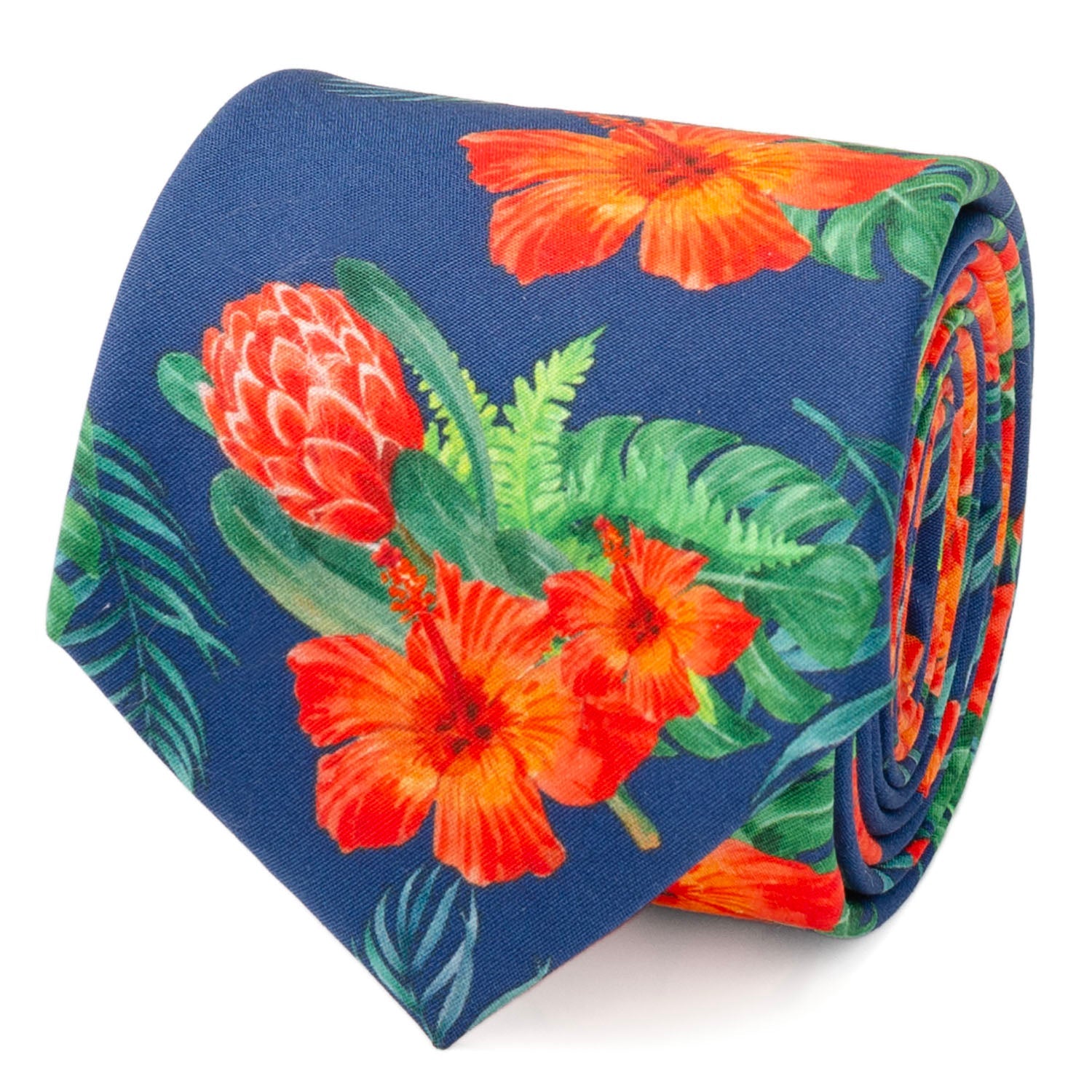 A rolled navy blue necktie with a vibrant tropical hibiscus flower and palm leaf print