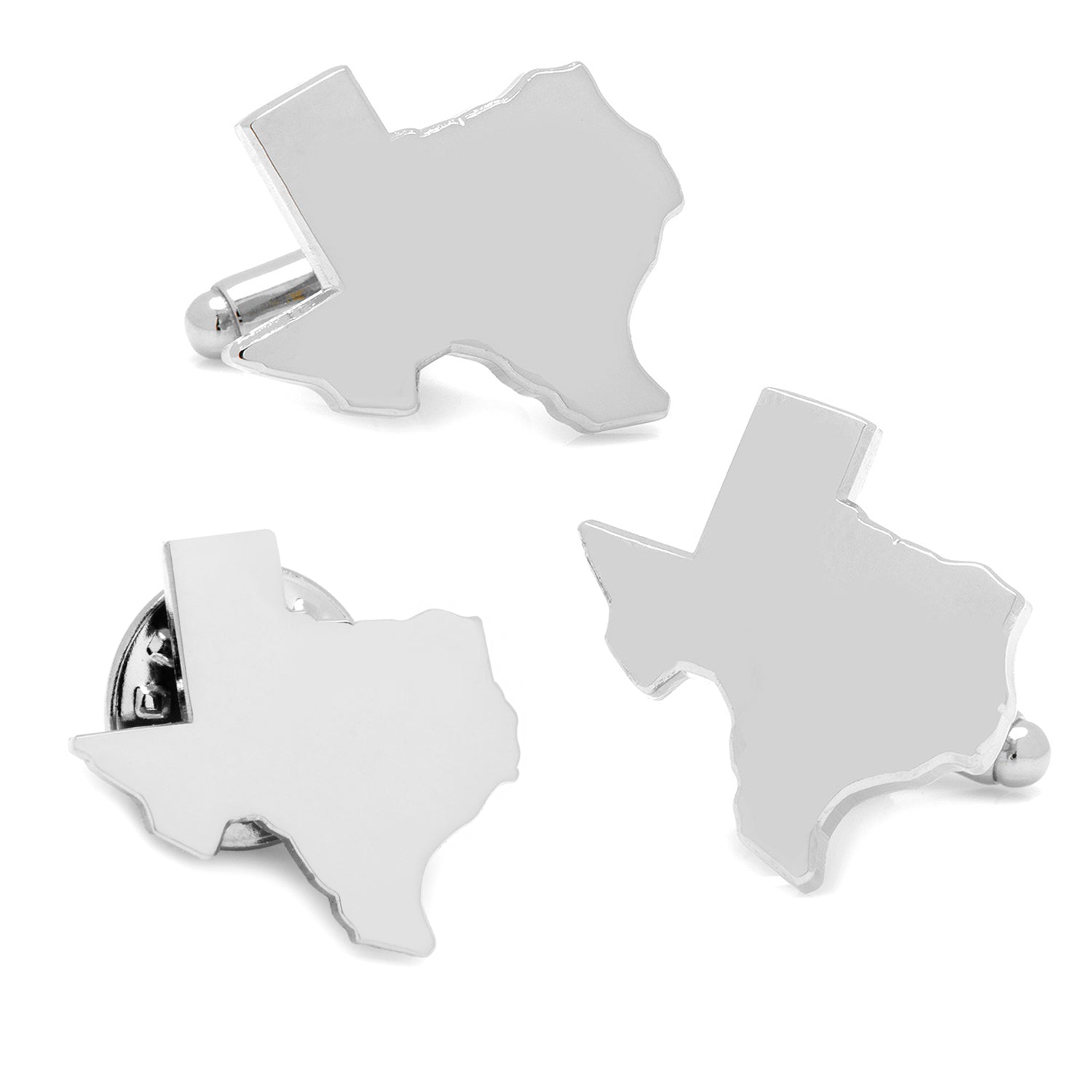 A silver Texas state shaped cufflinks and lapel pin set in a black display box.