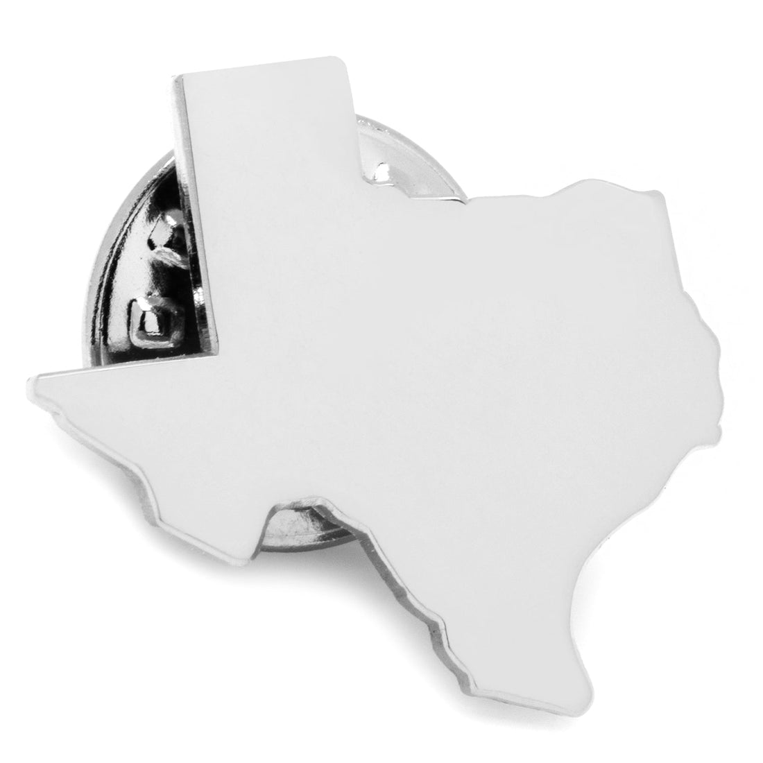 Close-up of a silver-tone Texas state shaped lapel pin on a white background