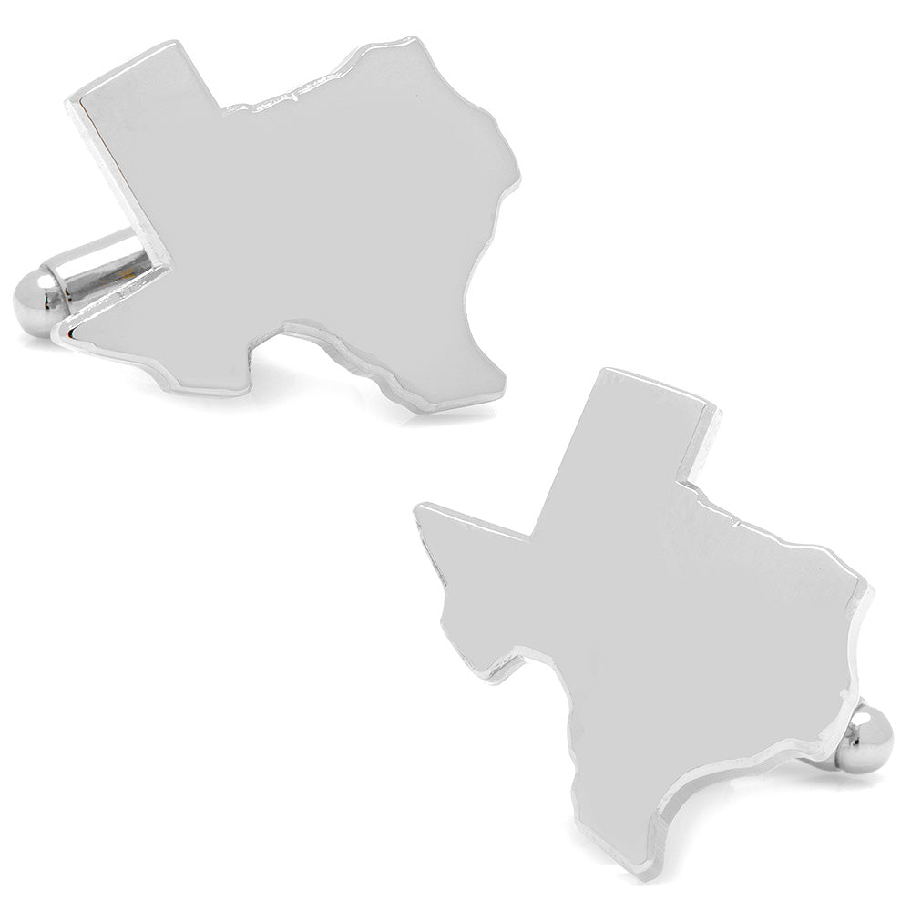 A pair of silver Texas state shaped cufflinks showing top surface and bullet backing.