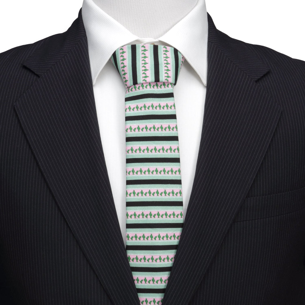 Texas Cactus Stripe Sage Green Novelty Cotton Mens Necktie - Image 2