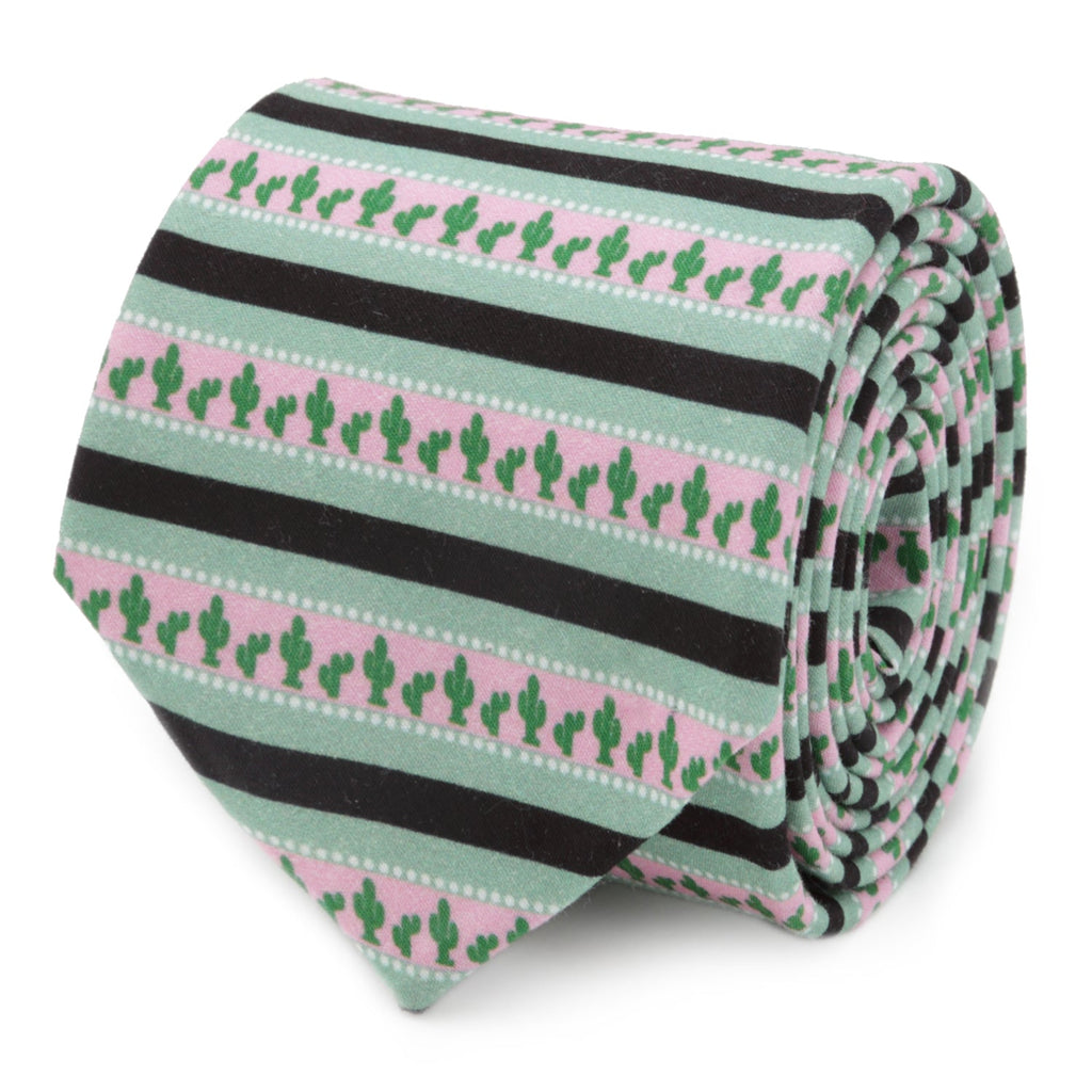 Close up of a sage green, black, and pink striped necktie with a repeating cactus print pattern.